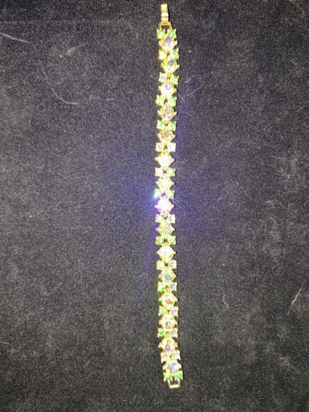 Vintage Crown Trifari Peridot & Aurora Borealis Rhinestone Bracelet • 1950s–60s
